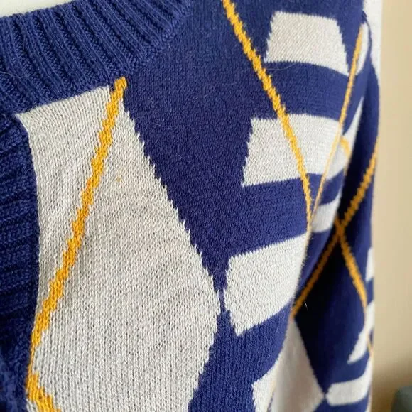 Copper Key L 100% Cotton Blue Gold Argyle Open Crochet 3/4 Sleeve Knit Cardigan - Picture 7 of 7